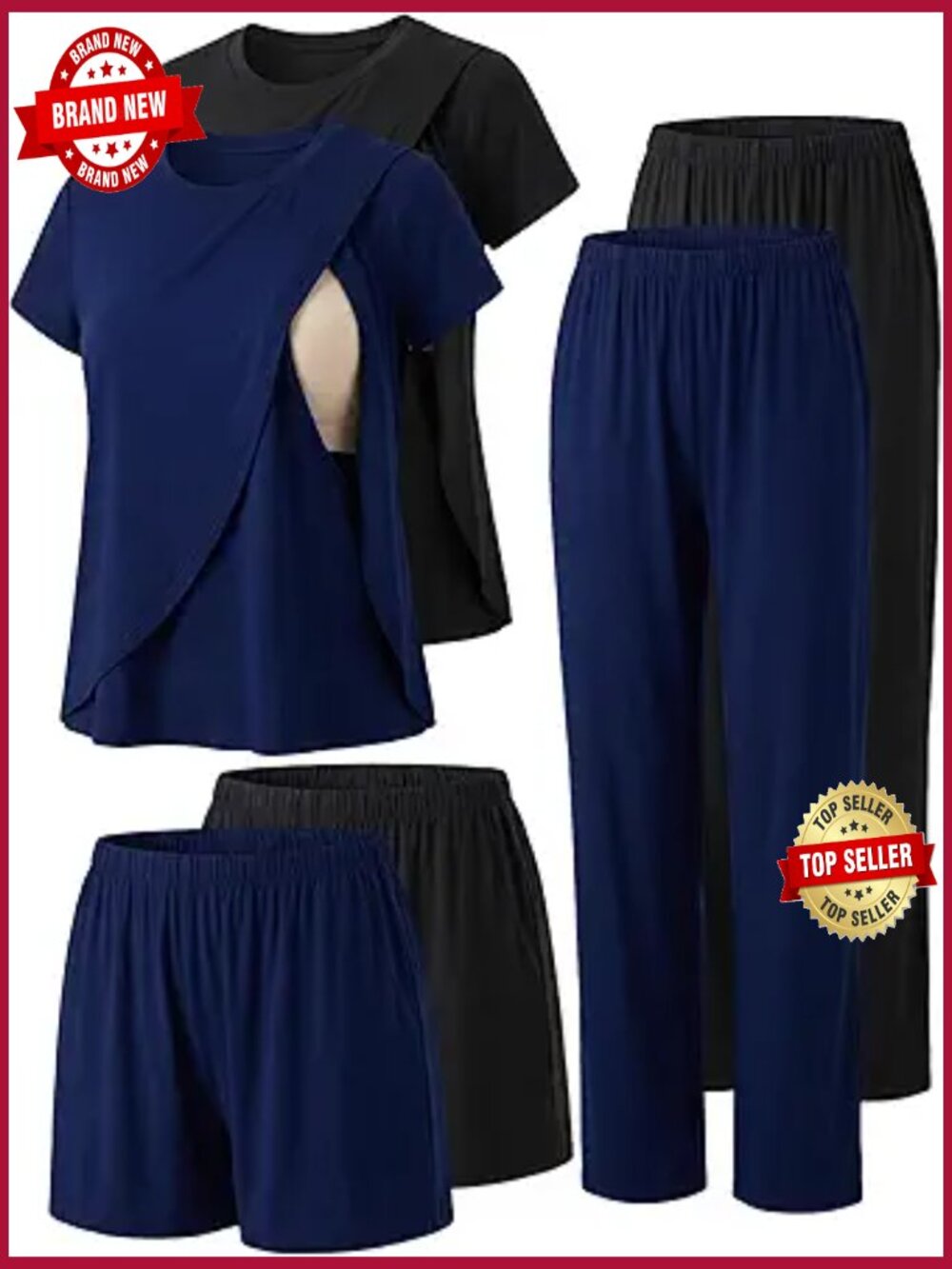 Maternity Nursing Pajama 6 Piece Set Short Sleeve Tops Shorts Pants